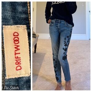 DRIFTWOOD Blue Skinny Jeans with Black Embroidery and sparkle beads